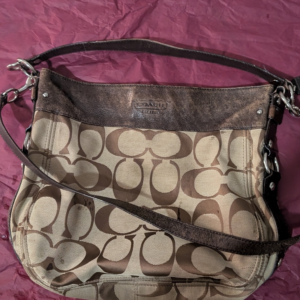 Coach Signature Brown and Tan Shoulder Bag - Medium Sized Two Way Bag